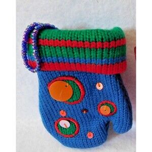 Vintage Handmade Crochet Christmas Ornament 4'' Mitten Blue With Bling￼